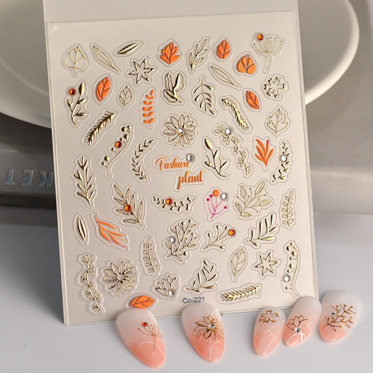 Fall Leaves Nail Art Stickers 5D Embossed Autumn Maple Nail Stickers Gold, Self-Adhesive Durable