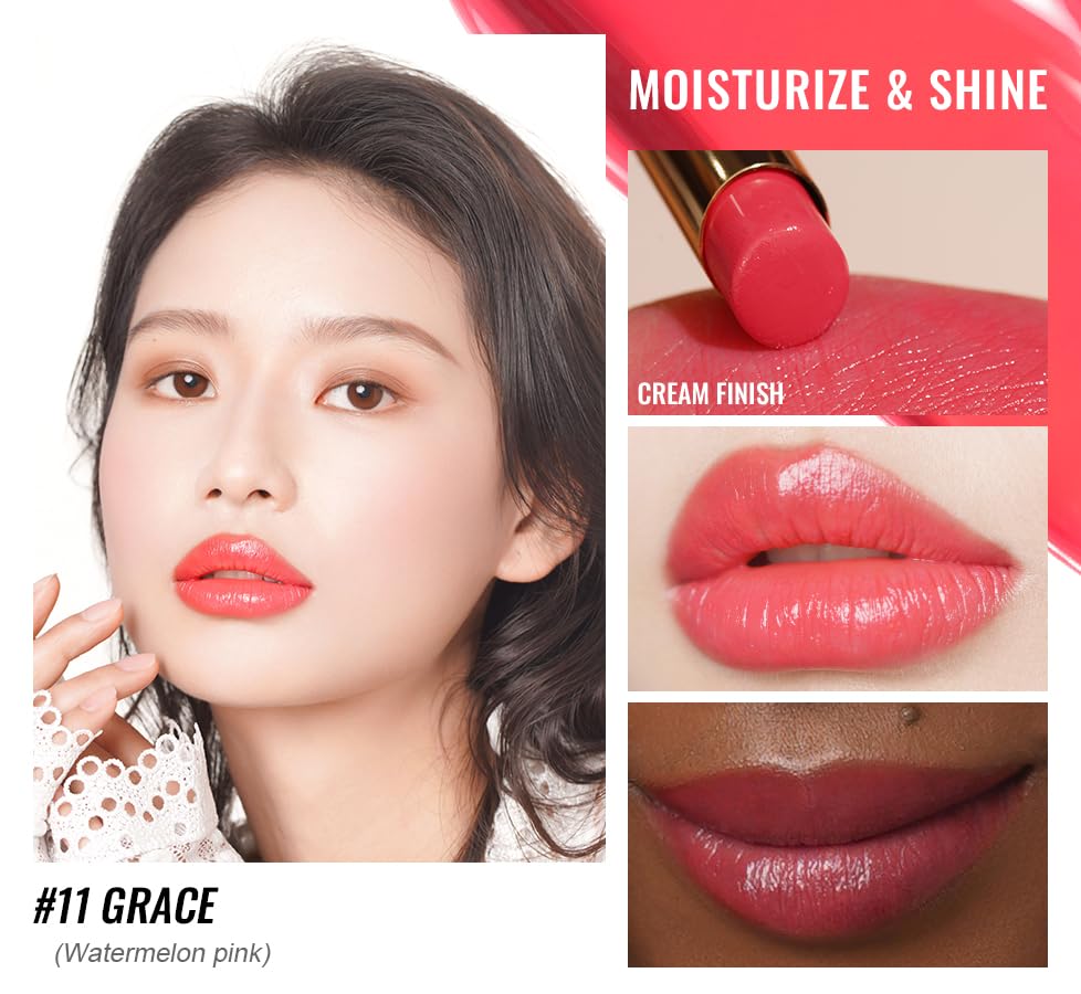 Oulac Watermelon Pink Lipstick - Moisturizing Lip Stick Glossy Tinted Lip Balm, Sheer Shine Juicy Finish, Lightweight and Hydrating Formula for Dry Lip Care, Vegan 2.2g/0.07oz (11)