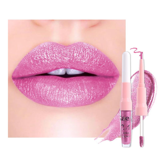 evpct Light Rose Pink Metallic Glitter Lip Liner and Lipstick Combo Lip Gloss Stain Set Makeup for Women Long Lasting Waterproof 24, Pink Metallic Shimmer Frosted Iridescent Shiny Liquid Lipstick 10