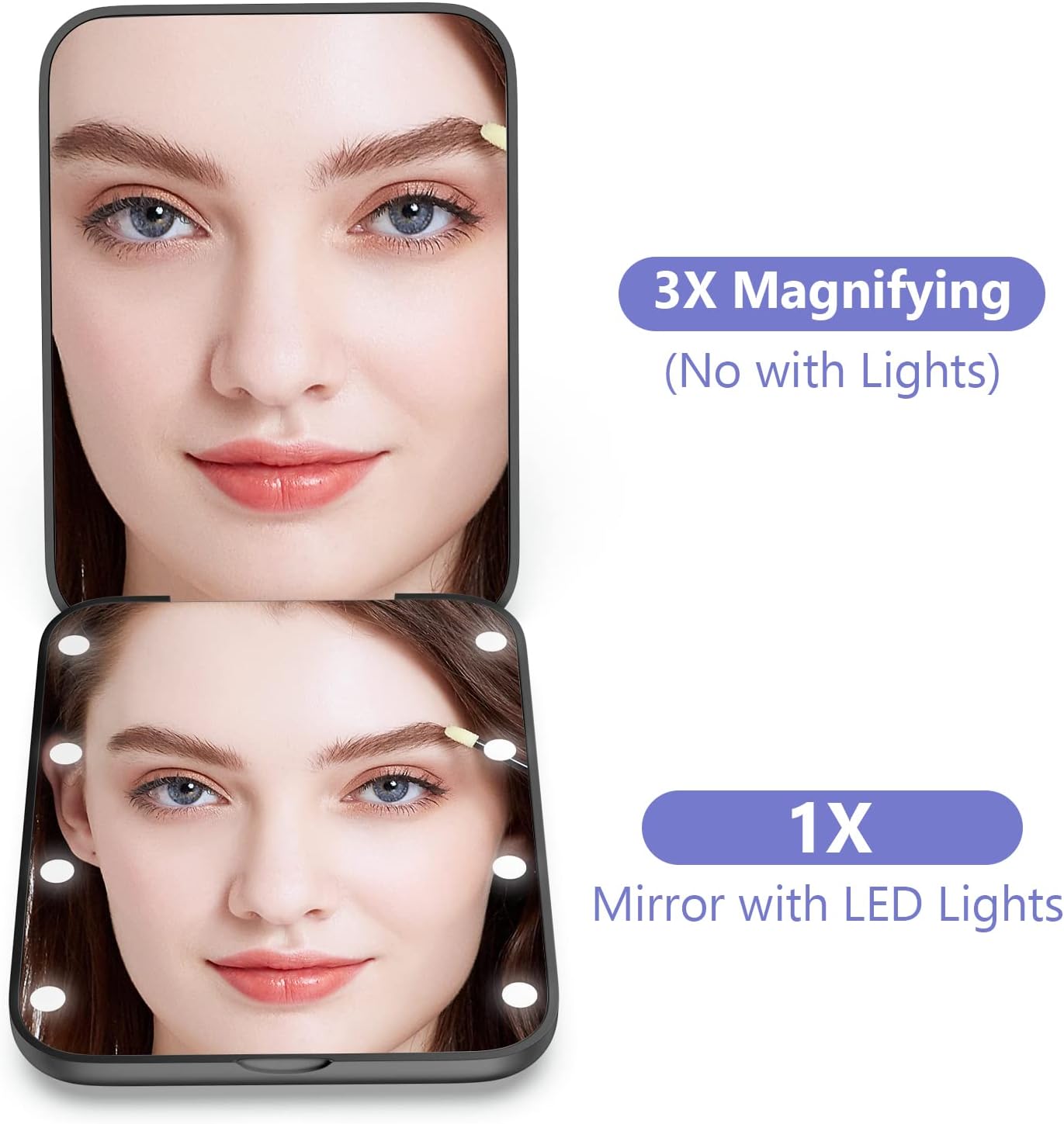 wobsion Small Mirror with Lights,LED Compact Makeup Mirror,1x/3x Mini Travel Mirror with Magnification,Portable Hand Held Mirror for Purse,Pocket,Gifts for Girls,Black