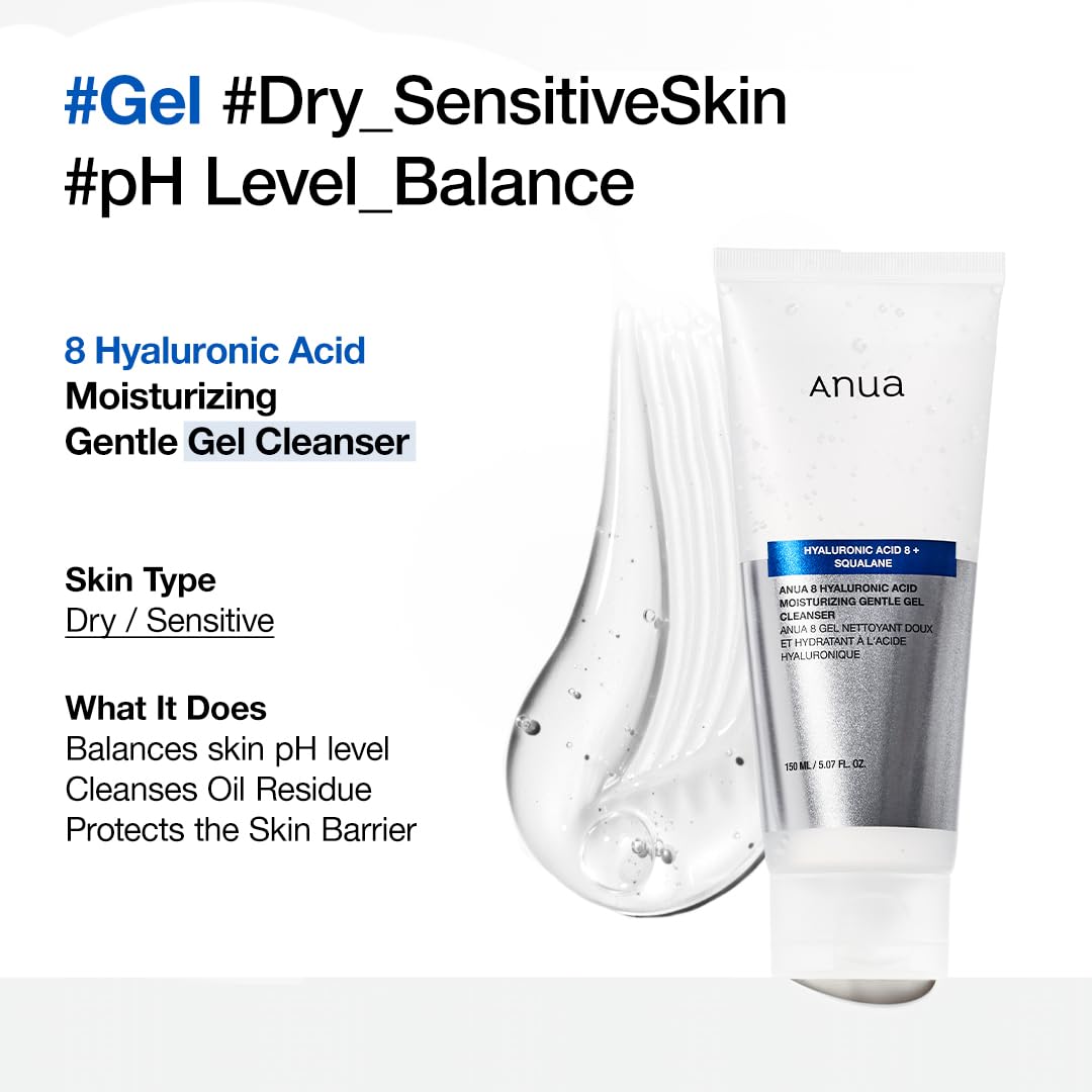 ANUA Moisturizing Gentle Gel Cleanser, Hydrating Face Wash with Hyaluronic Acid & Squalane, pH