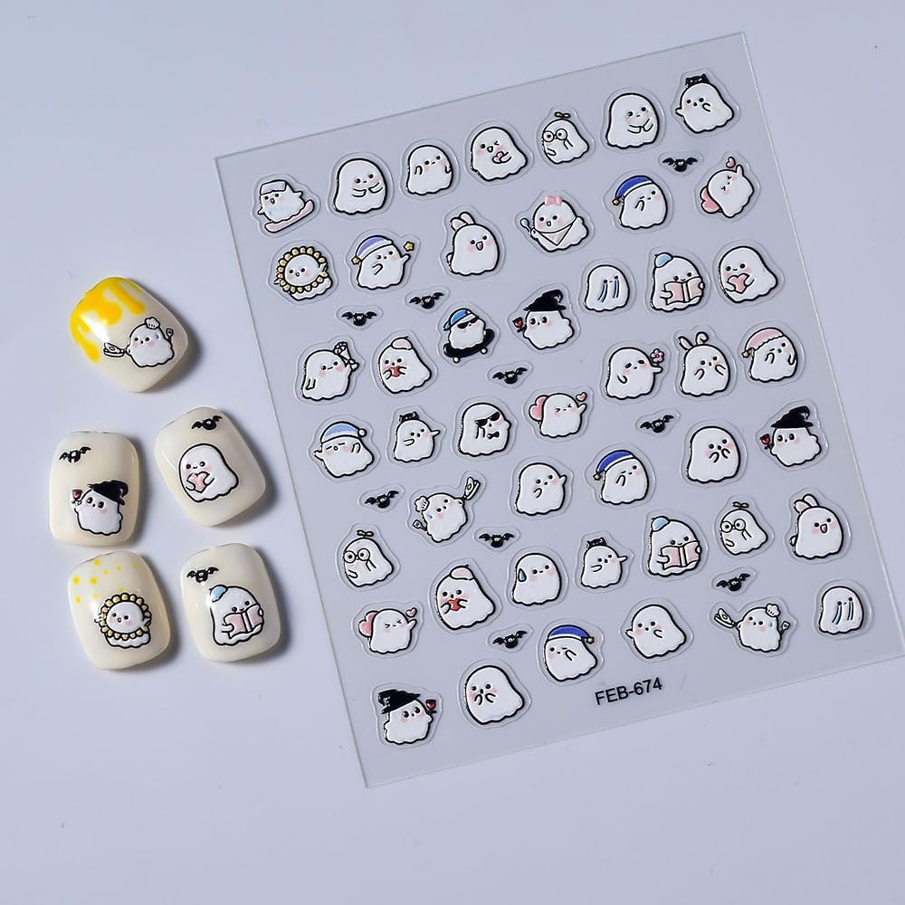 Halloween Nails Stickers White Ghost Nails Sticker 3D Embossed Cute Ghosts Self Adhesive Sticker Nail Decals Ghost with Hat Nail Art Decal Halloween Decals for Nail DIY Manicure 1Sheet