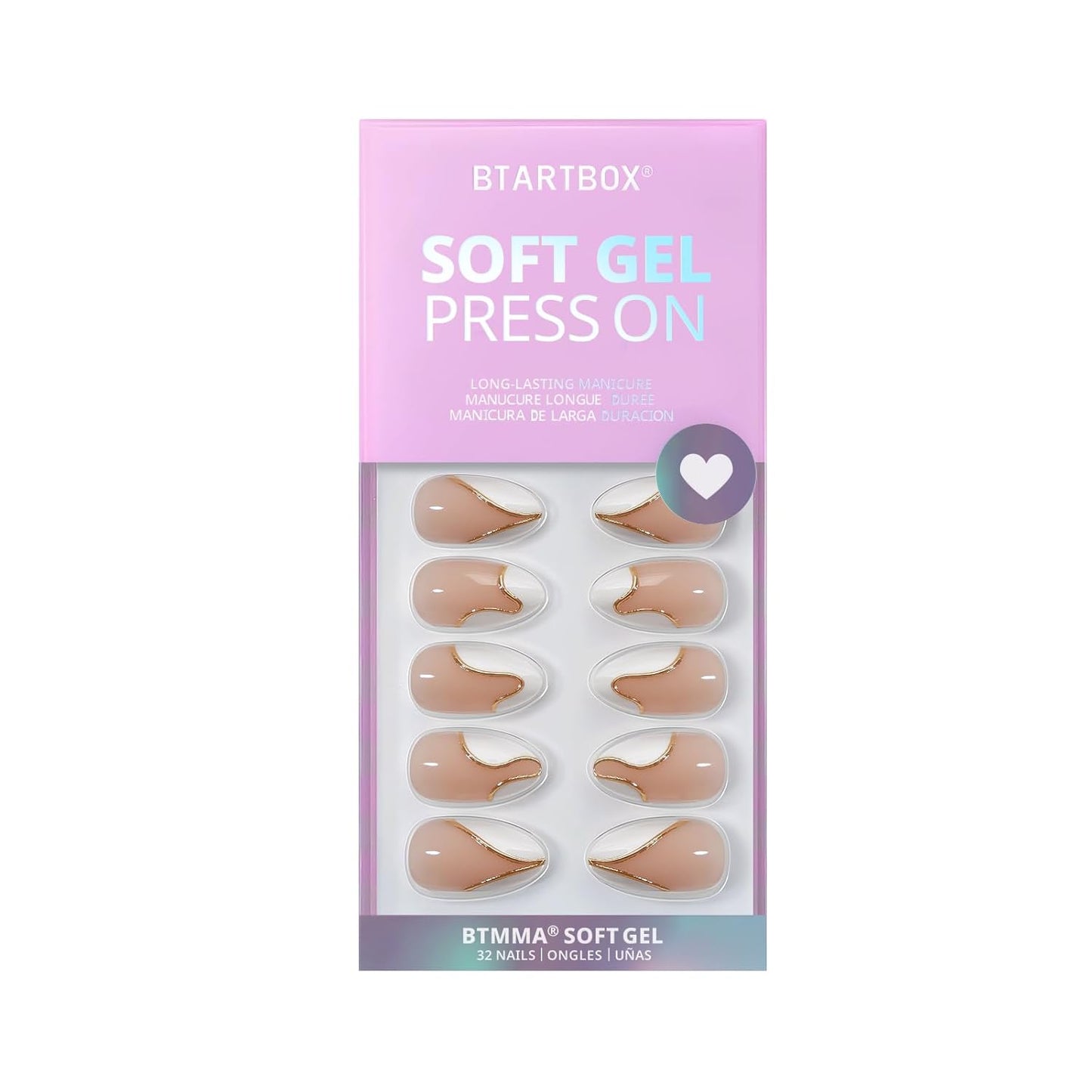 BTArtbox Press On Nails Almond - Designed White French Tip Press On Nails Short with Gold Foil, Glue On Nails for Winter Day Gifts, Stick On Nails in 16 Sizes - 30 Nail Kit, Tiny Gloden