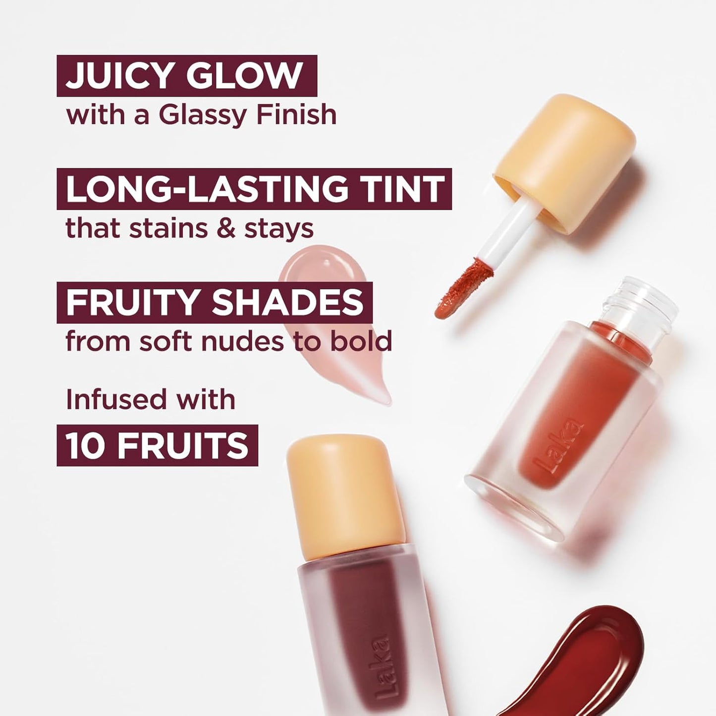 Laka Fruity Glam Lip Tint Mini, Glowing Lip Stain with Wide Color Spectrum, Hydrating & Lightweight Texture, Long-Lasting Bold Stain, Non-Sticky, Vegan, K-Beauty (#126 Lucy)
