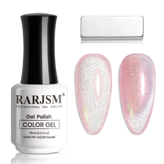 RARJSM Aurora Cat Eye Gel Nail Polish Velvet Silver Glitter Champagne Pink Galaxy Star Cloud Ice Gel Polish with Magnet Stick Single Bottle 15ml UV LED Curing Requires Soak Off Home Salon