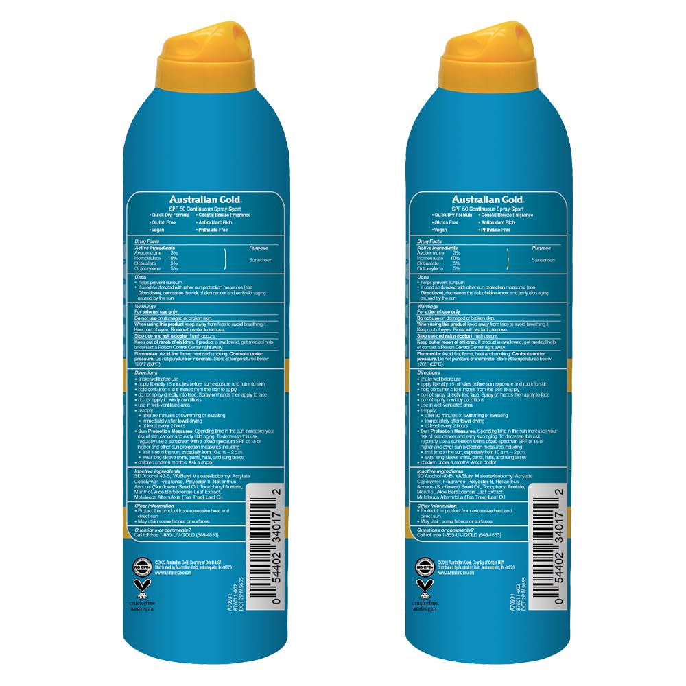Australian Gold Extreme Sport Continuous Spray Sunscreen SPF 50, 6 Ounce - 2 Pack, Broad Spectrum, Sweat & Water Resistant, Non-Greasy, Vegan, PETA-Approved, Coastal Breeze Scent