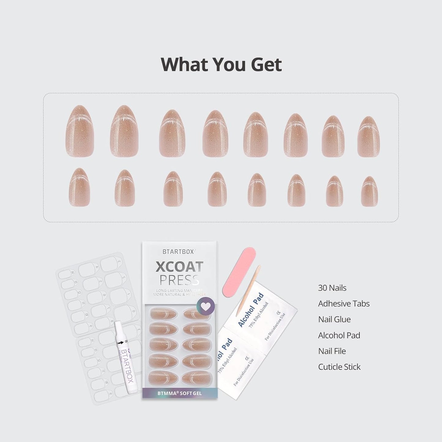 BTArtbox Almond Press On Nails Medium - Lamp-Curable Cat Eye Press On Nails with Glue for Women, Semi-Transparent Soft Gel Glue On Nails in 15 Sizes - 30 Stick On Nails Kit, Sunlit Shimmer