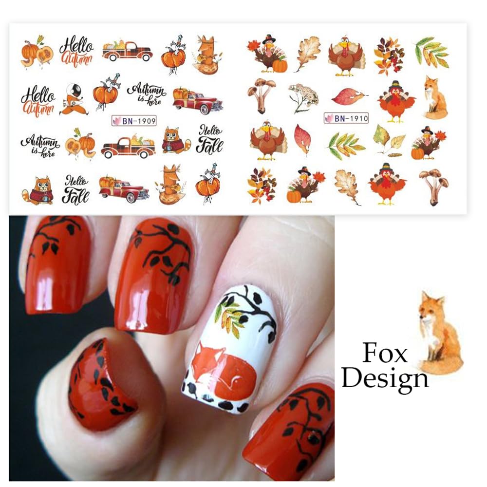 Fall Nail Art Stickers Maple Leaf Water Transfer Nail Decals Nail Supplies Autumn Maple Leaves Pumpkin Turkey Fox Design Watermark Nail Art Decorations Thanksgiving Day Stickers Manicure Tips 12Pcs