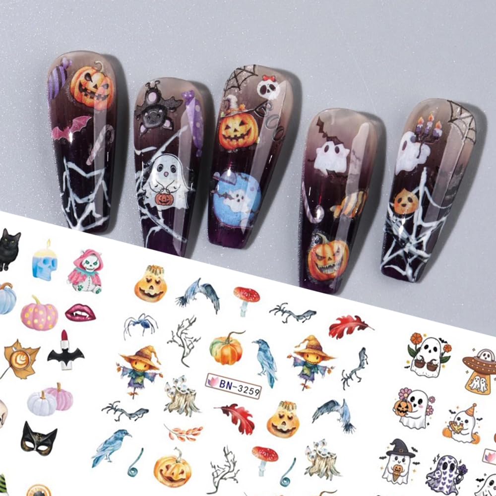 Halloween Nail Decals - Cute Cartoon Water Transfer Foil for Women - Pink Pumpkin Ghost Skeleton Witch Bat Designs - DIY Nail Art Decor - 12Pcs