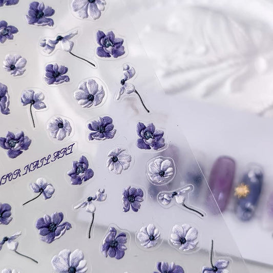 Flower Nail Art Stickers 5D Embossed Purple Floral Nail Stickers for Nail Art Self-Adhesive Nail