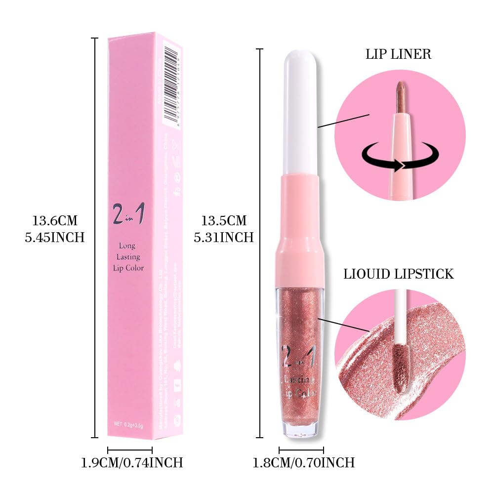 Rose Gold Metallic Lip Liner and Lipstick Combo Lip Gloss Tints Stain Set Makeup for Women Long Lasting Waterproof 24, Light Pink Metallic Glitter Shimmer Iridescent Liquid Lipstick lippies Lip Gloss