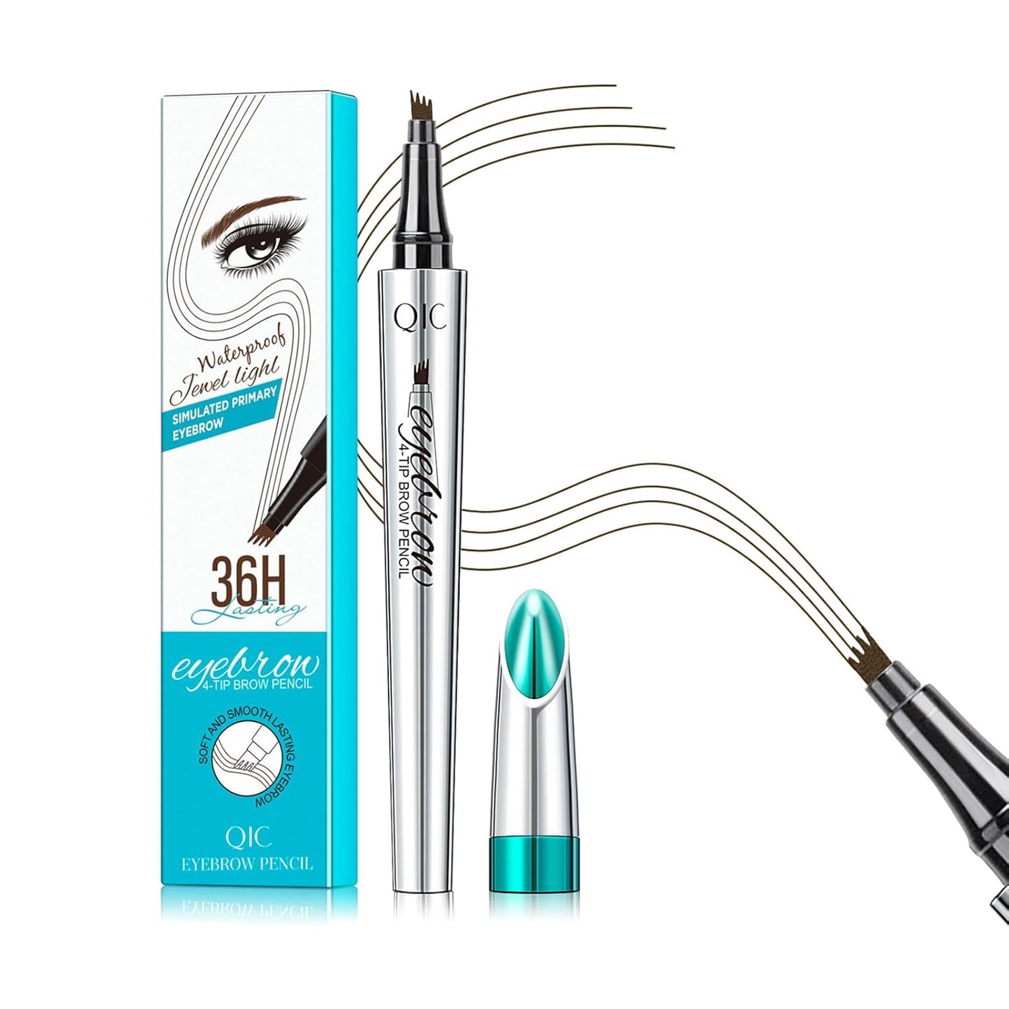 QIC Eyebrow 4 Tip Brow Pencil, Microblading Pen Waterproof Long-Lasting with Upgrade Micro-Fork Tip Applicator for Natural Brows (Dark Brown-02)