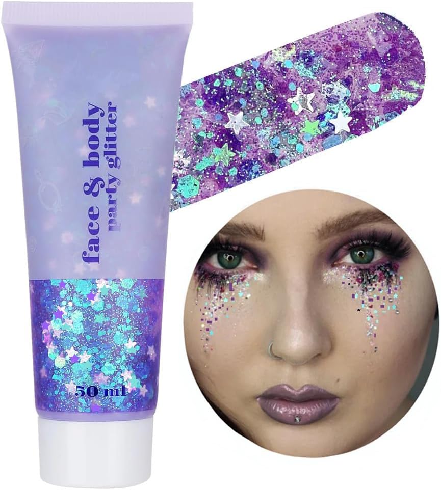 Go Ho Mermaid Purple Face Body Glitter Gel,Holographic Purple Hair Glitter,Mardi Gras Outfit for Women Kids,Chunky Sequins Glitters for Eye Lip Nails,Festival Rave Accessories