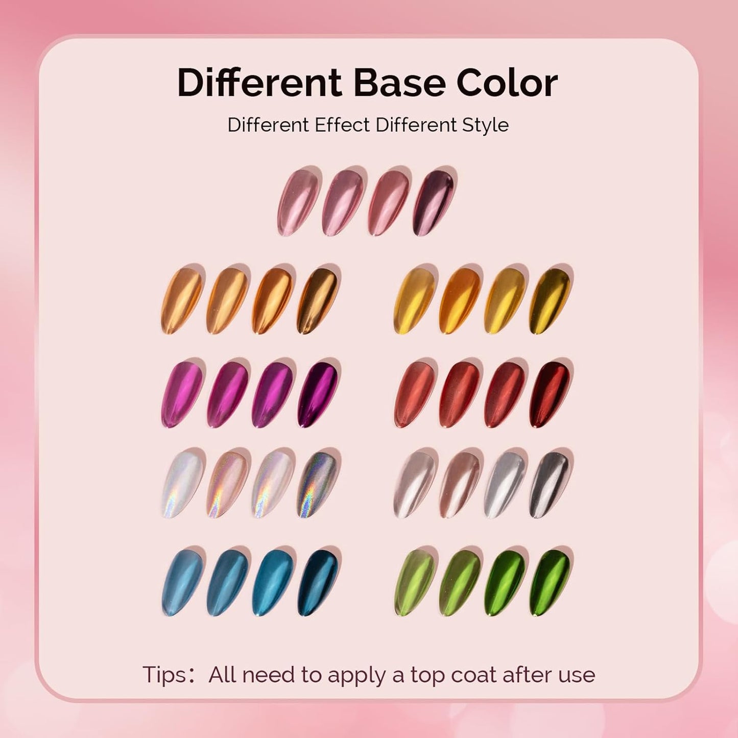 MelodySusie 9Pcs Chrome Nail Powder for Gel Nails,Metallic Mirror Effect Pigment Stylish and Technological Fine Glitter for Home DIY Salon Use