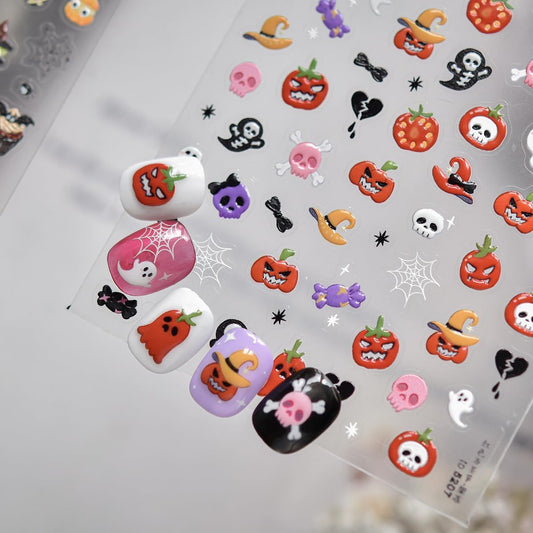 5D Halloween Nail Stickers Halloween Nail Decals Self-Adhesive Evil Tomato Pink Skull Cute Ghost