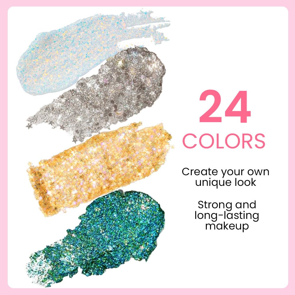 evpct 24 Colors Glitter Eyeshadows Palette Makeup for Women, Black White Pink Green Blue Rainbow Sparkle Neon Metallic Shimmer Shiny Eyeshadow Palette, Body Pressed Eye Shadow Glitter Palette Makeup