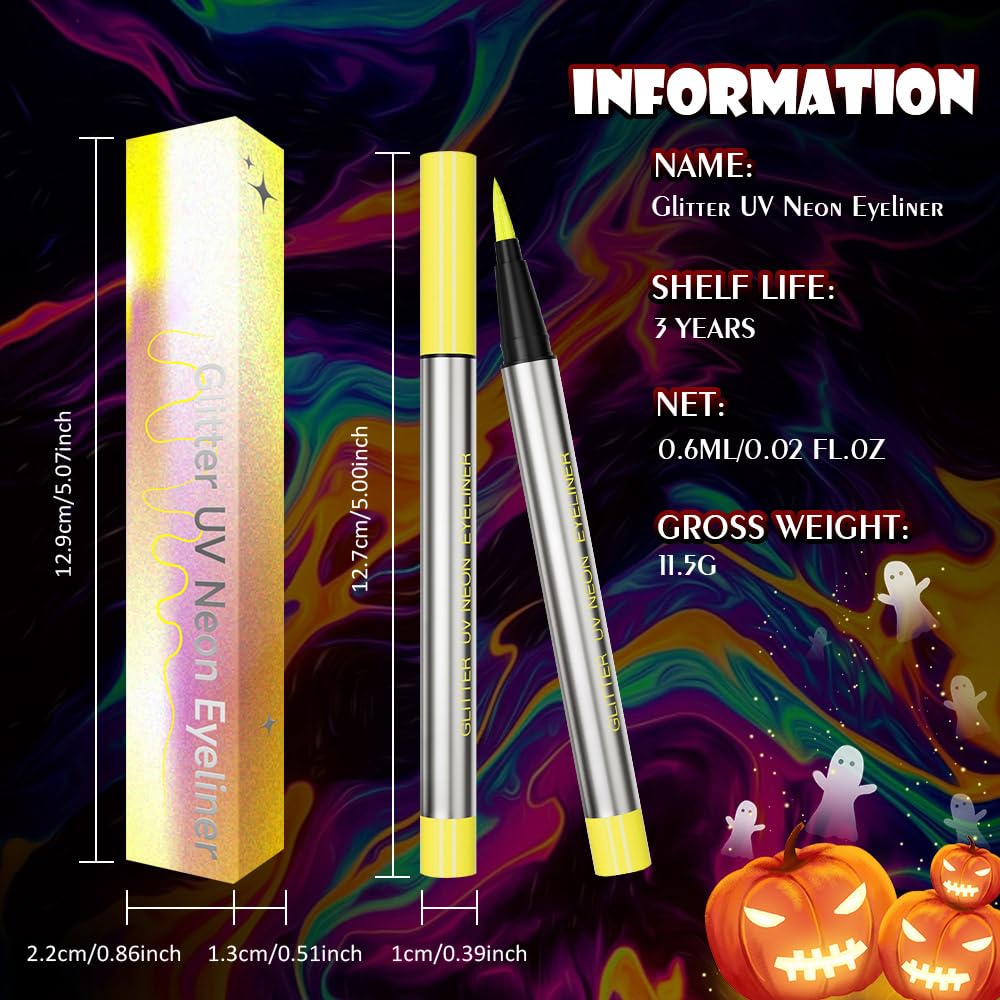 evpct Yellow Shimmer Eyeliner UV Neon Gel Eyeliner Pencil Makeup, Rainbow Halloween Colored Colorful Gel Eye Liner Pen Glow in Dark Makeup, Long Lasting Waterproof Eyeliners for Face Body Painting