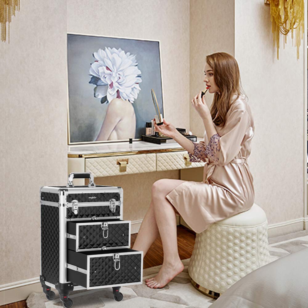 mefeir Aluminum Rolling Makeup Train Case, Portable Makeup Organizer Suitcase, Cosmetic Storage Box, Travel Beauty Luggage Trolley Lockable w/4 Removable Wheels & 2 Sliding Drawers (Black)