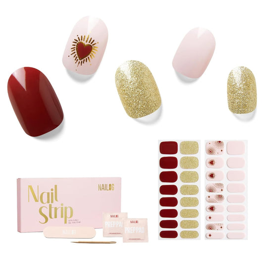 Semi Cured Gel Nail Strips - NAILOG 34 Pcs Red Brown Gold Glitter Nail Stickers Extra Long Wraps