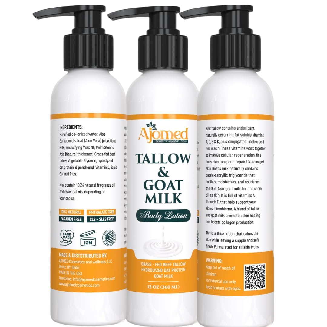 Grass Fed Beef Tallow & Goat Milk Body Lotion for Sensitive Skin, Organic Tallow Lotion - Soothes Dry Patches, Goat Milk Moisturizer - Handmade Tallow Body Lotion (Lavender Vanilla, 8 Oz)