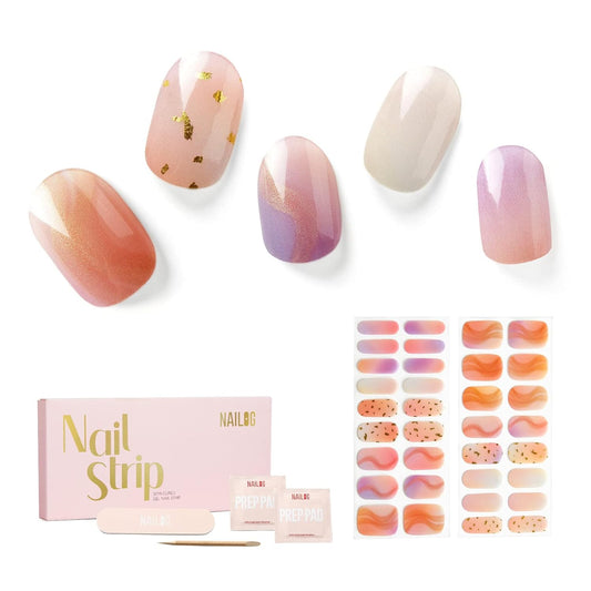 Nailog Semi Cured Gel Nail Strips 34 pcs | Long Lasting Nail Polish Sticker Wraps with Glossy Gel
