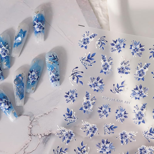 5D Embossed Nail Stickers Flower Nail Art Stickers Decals Self-Adhesive Floral Nail Supplies Blue