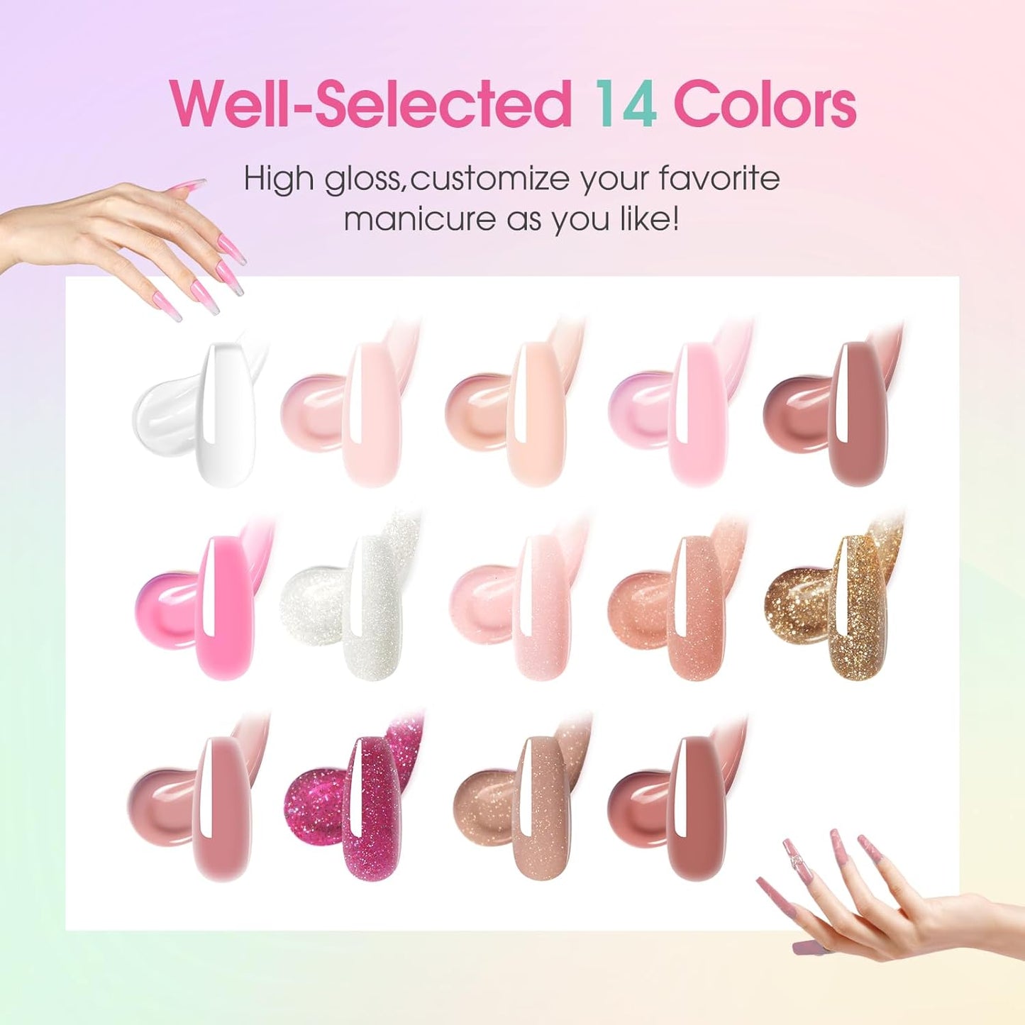 ROSALIND Poly Nail Gel Kit, 14 Colors Clear Nude Glitter Poly Nail Gels Kit with U V Light Poly Nails Gel Starter Kits For All Seasons Beginner DIY at Home