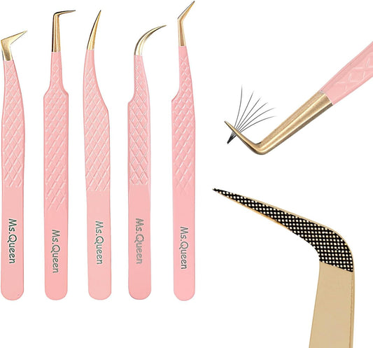 Ms.Queen Eyelash Extension Tweezers Set,Fiber Tip Volume Tweezers Curved 45 90 Degree Angled Tip Lash Tweezers for Mega Volume Mink Lashes