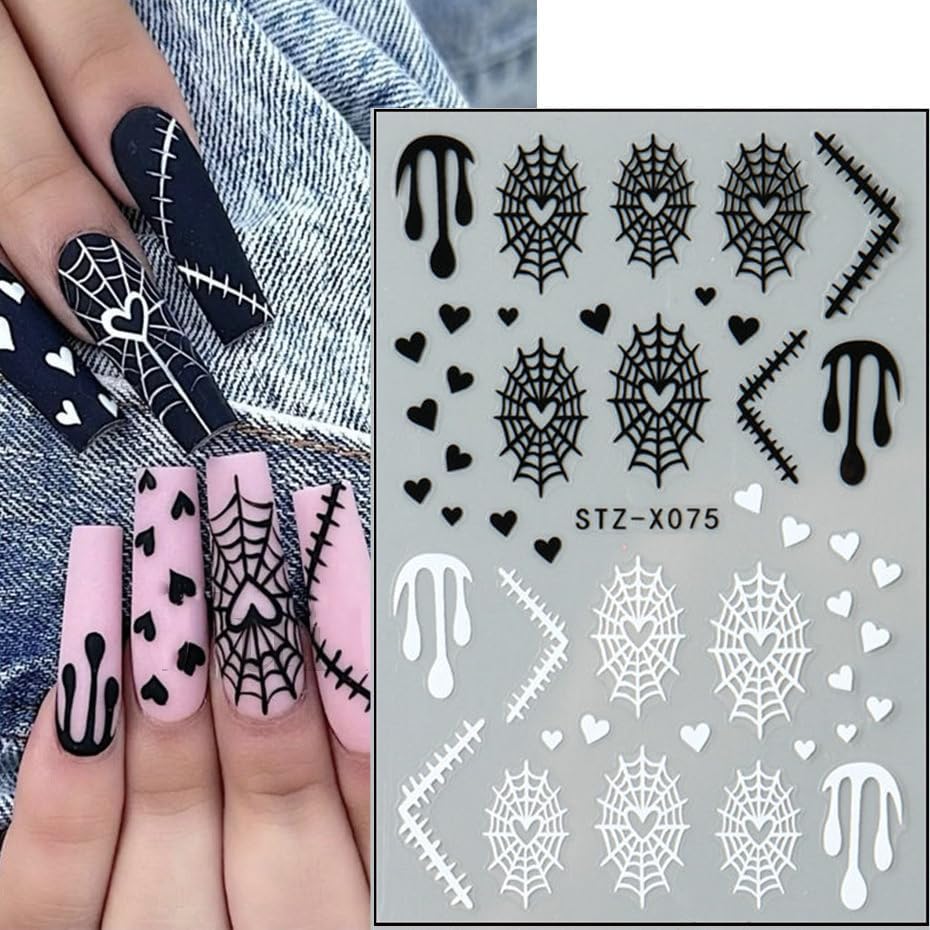 Halloween Nails Stickers Black Bat Nails Sticker 3D Embossed White Ghost Web Self Adhesive Sticker Nail Decals Black White Nail Art Decals Halloween Decals for Nail DIY Manicure 4Sheet