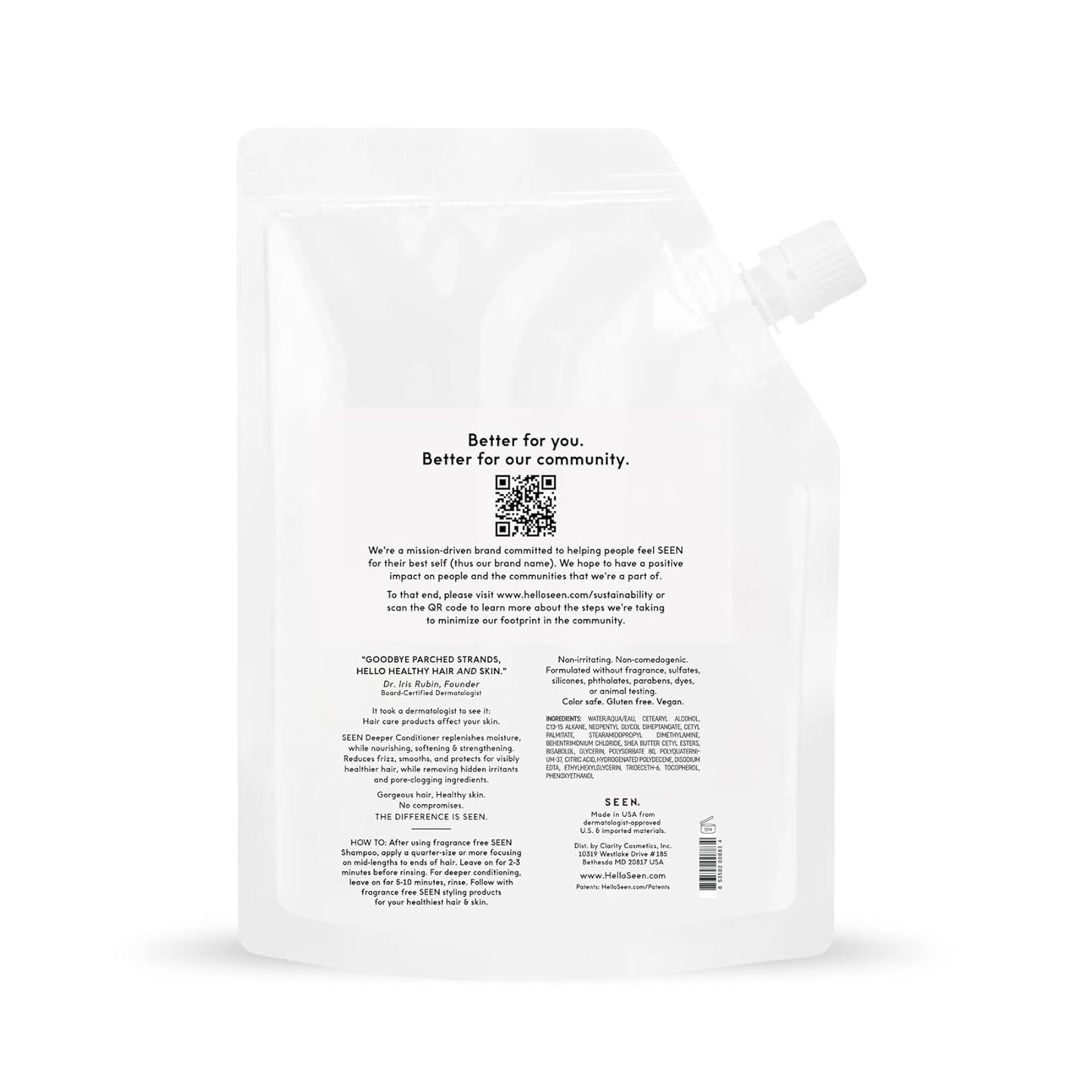 SEEN Deeper Conditioner Eco-Refill, Fragrance Free - Non-Comedogenic & Sulfate-Free Hair Conditioner- Dermatologist-Developed - Safe for Sensitive & Acne Prone Skin