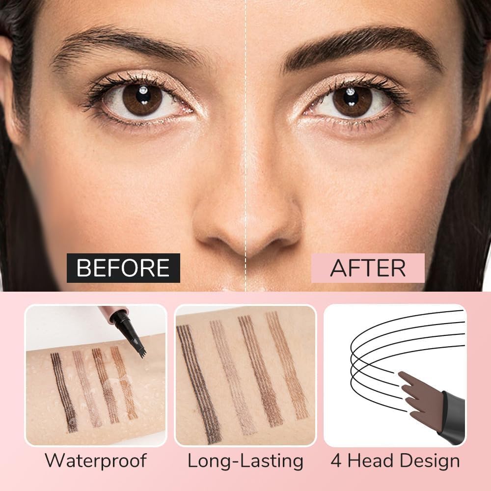 Microblading Eyebrow Pen, New 3D Microblading Eyebrow Pencil, Waterproof Eye Brow Pen with 4 Tip, Natural Magic Eyebrow Makeup Fine Stroke Contouring Pencil Long-Lasting Stay on All Day (Black)