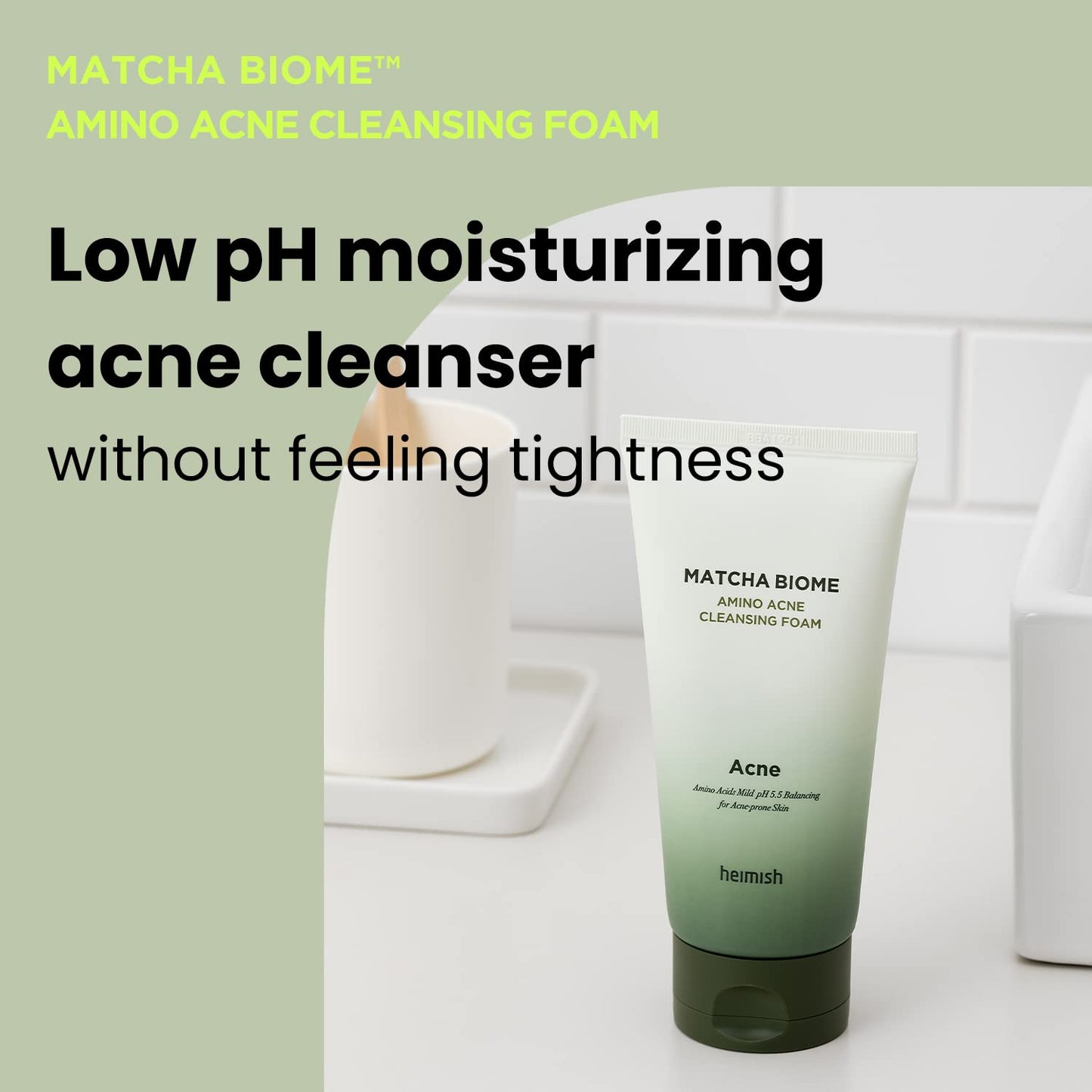 HEIMISH Matcha Biome Amino Acne Cleansing Foam - Deep Cleansing, Hydrating, Calming Facial Cleanser, Gentle Daily Face Wash with Amino Acids, Probiotics, for Oily & Acne-prone Skin, 5.3oz/150g