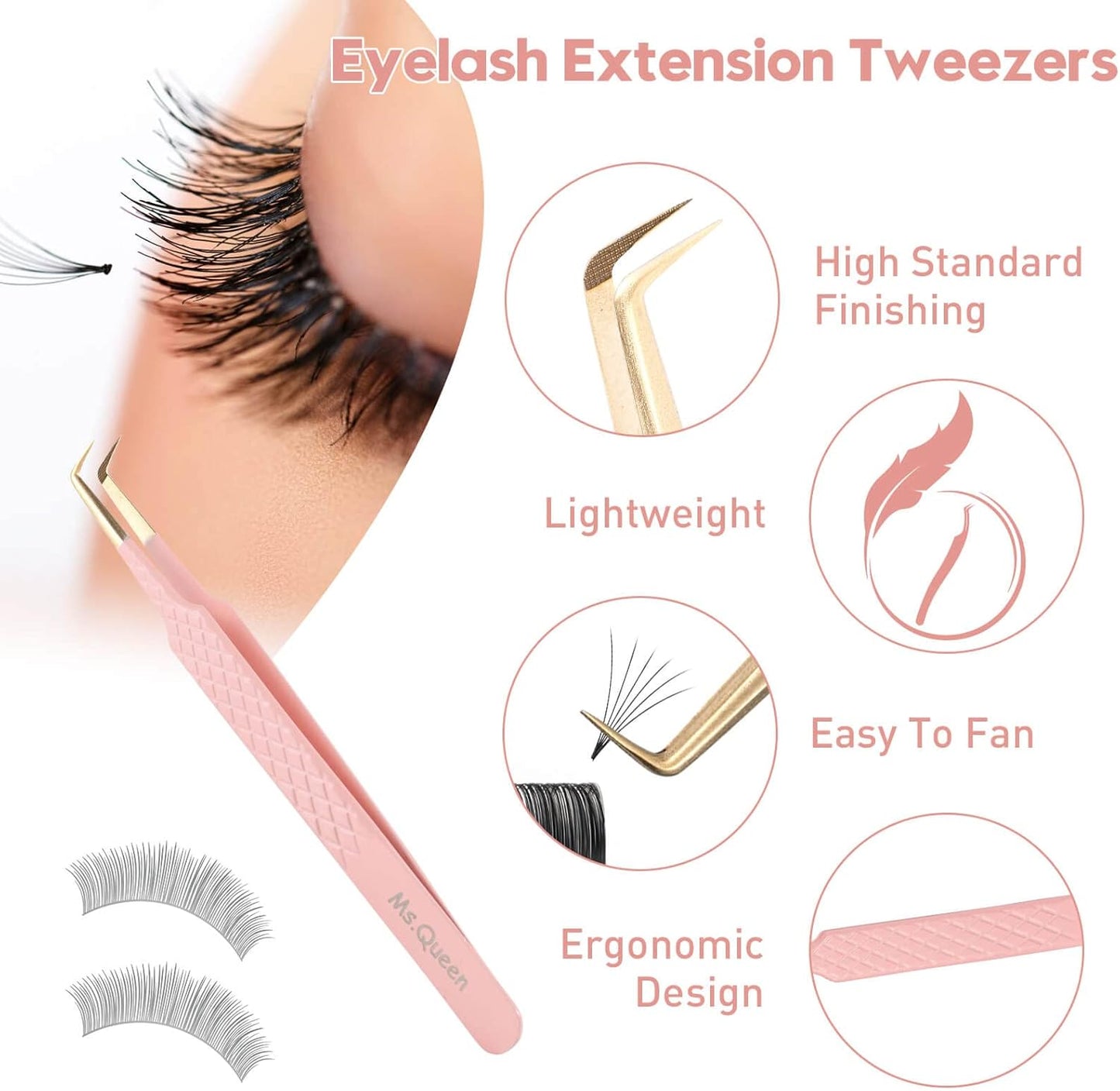 Ms.Queen Lash Tweezers for Eyelash Extensions,Precision 2Pcs Fiber Tip Grip 90 Degree Volume and Dolphin Isolation Lashing Tweezers Set