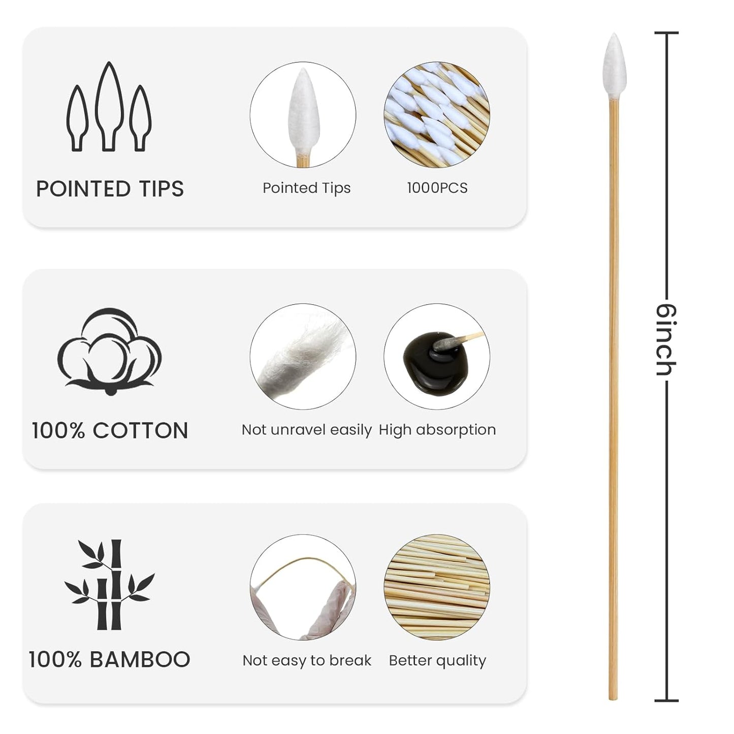 1000 PCS 6-Inch Precision Gun Cleaning Swabs - Lint-Free Bamboo-Handle Cotton Swabs for Gun Cleaning, Makeup & Electronics
