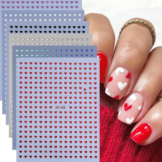 6 Sheets Heart Nail Art Stickers Decals Black White Red Laser Silver Heart Nail Stickers for Women