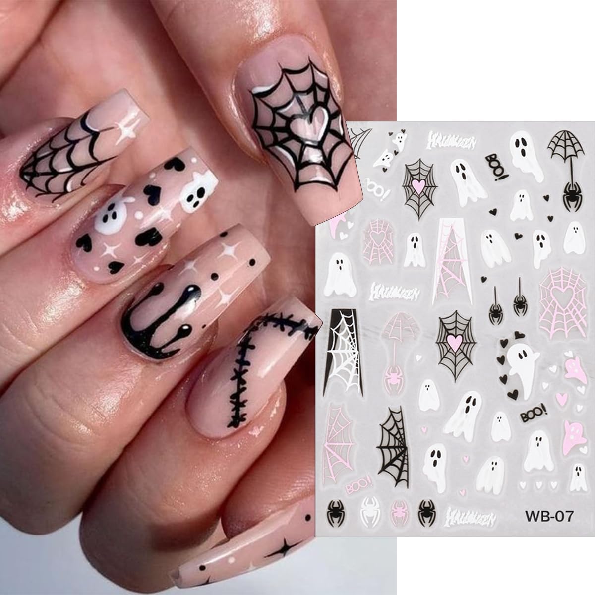 8 Sheets Nail Cute Ghost Nail Stickers for Nail Art 3D Self-Adhesive Pink Spider Web Pumpkin French Nail Art Decals Halloween Nail Art Supplies Goth Eye Starlight Nail Decals for Women DIY Manicure