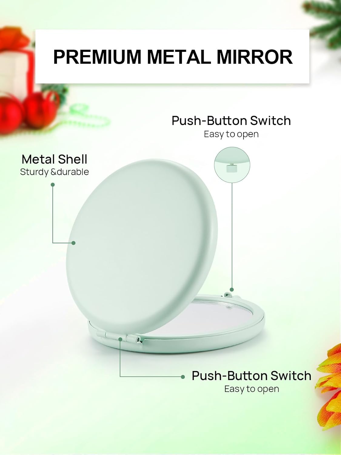 Compact Mirror for Purse, Double-Sided 1X/2X Magnifying Metal Pocket Makeup Mirrors(Round, Cyan)