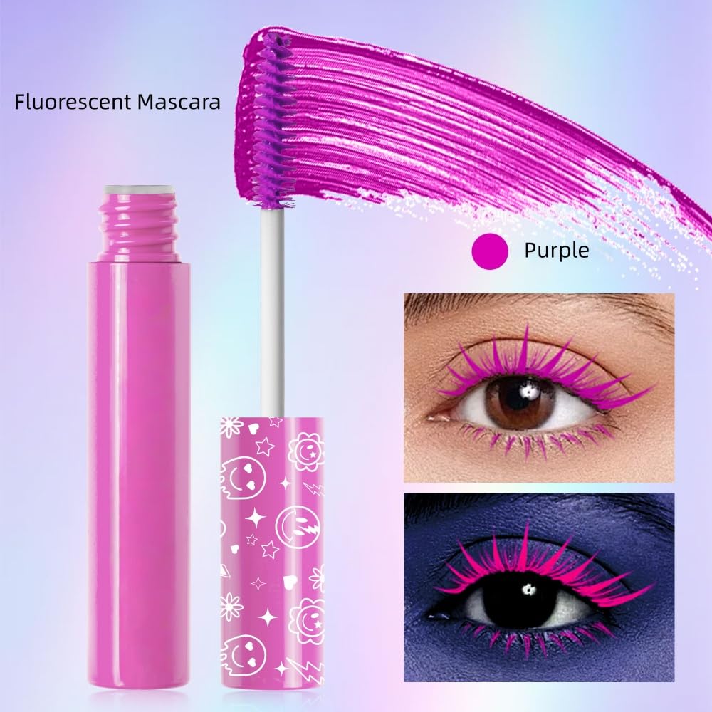 6 Colors Fluorescent Mascara, Glow Colored Mascara, Parties, Weddings, Stage Use, Party Night, Halloween Christmas Parties, High Pigmented, Apply to Eyelashes/Eyebrows/Hair (Purple)