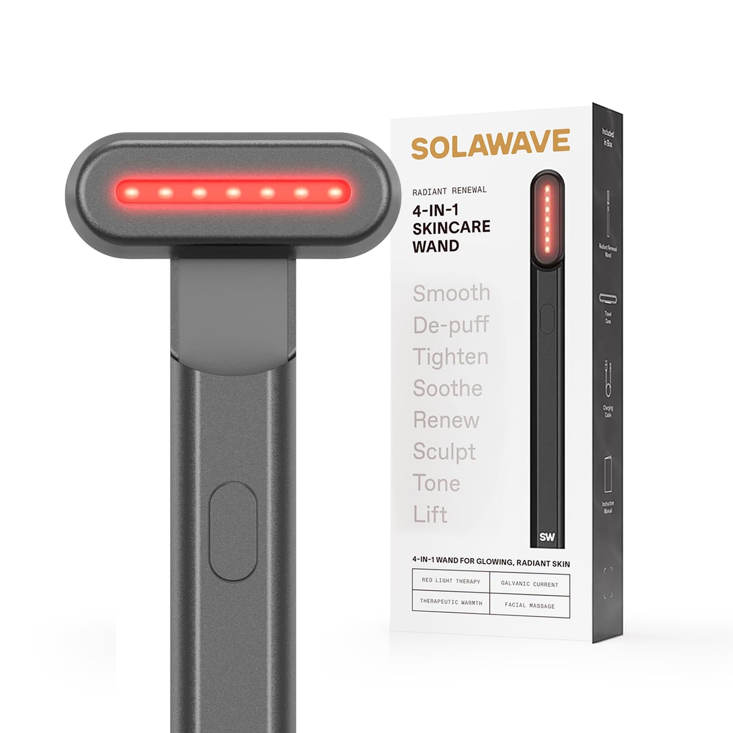 Solawave 4-in-1 Red Light Therapy Wand for Face & Neck | Beauty Device with Galvanic Current, Massager & Warmth | Anti-Aging, Wrinkle Reduction, Skin Tightening, Depuffing & Rejuvenation (Matte Black)