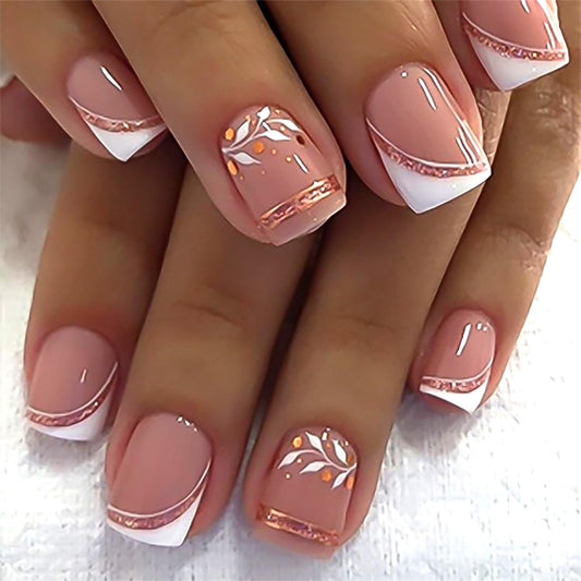 French Press On Nails Short Square, Nude Fake Nails with White French Tip and Minimalist Purple and