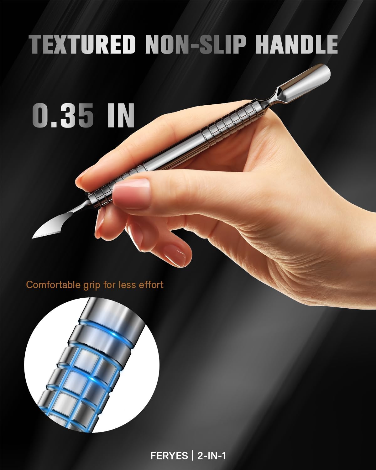 2025 Upgraded Dual Head Cuticle Pusher Remover Tool - Curved & Chisel Edge Stainless Steel, Ergonomic Non-Slip Handle for Professional Salon & Home Manicure Nail