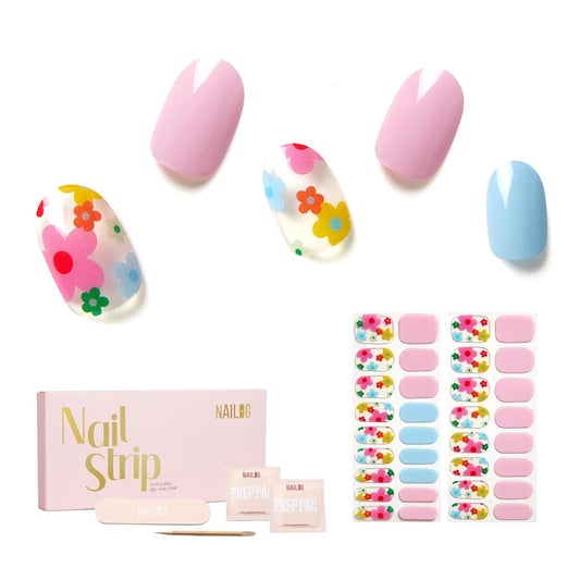 Semi Cured Gel Nail Strips - NAILOG 34 Pcs Floral Gel Nail Stickers Clear Extra Long Nail Wraps