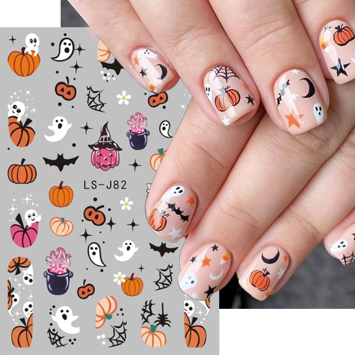 Halloween Nail Sticker Pumpkin Nail Decals Ghost Nail Art Stickers Bat Cat Spider Web Star Orange Pink Design Spooky Nail Stickers for Nail Art Holiday DIY Manicure Supplies for Women 6 Sheets