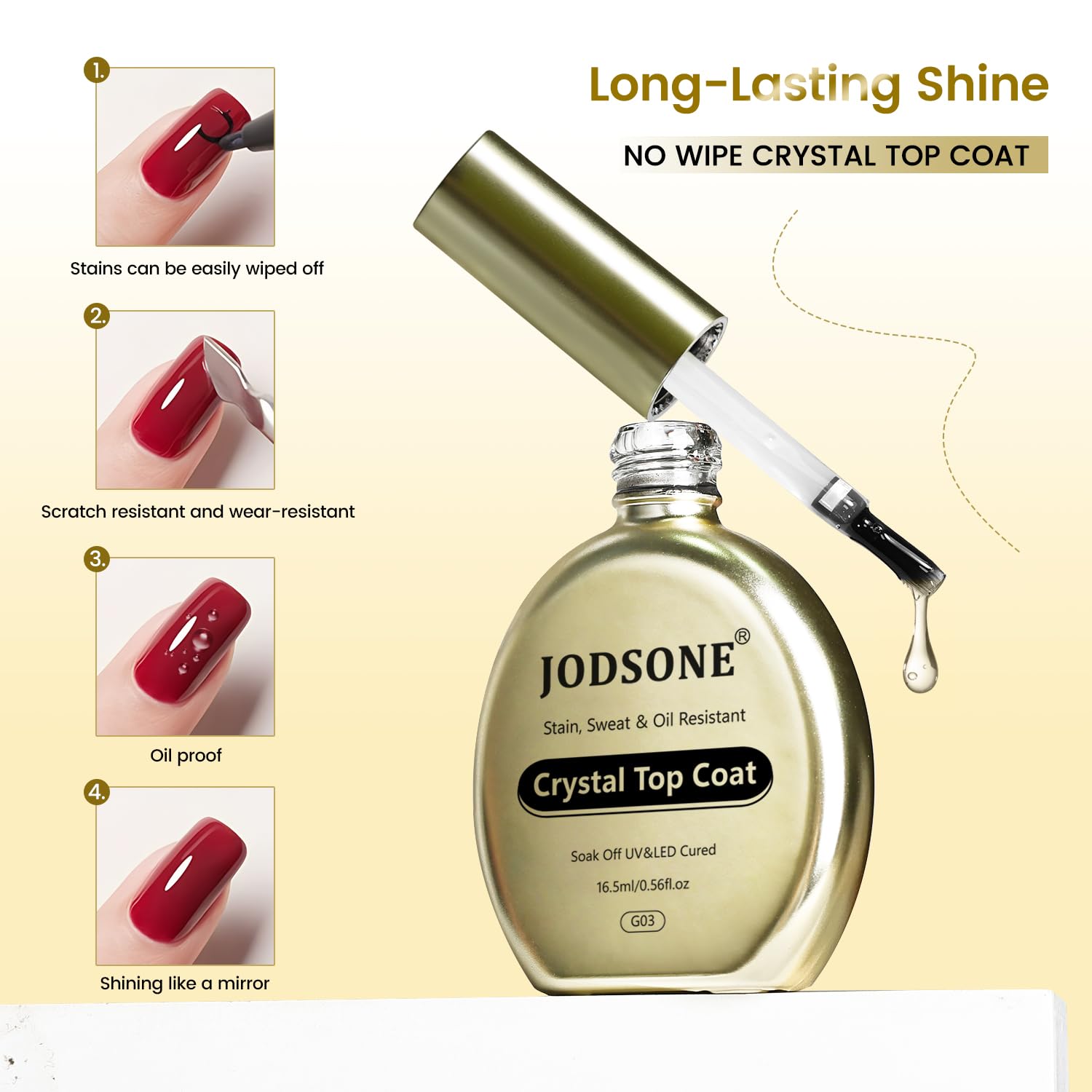 JODSONE Stain-Resistant Gel Top Coat - 16.5ml No Wipe Crystal Top Coat Gel Nail Polish, Anti-Stain