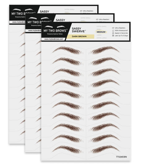30 Pairs Dark Brown Temporary Eyebrow Tattoos, Waterproof and Smudge-Proof Medium Sassy Swerve Style Realistic Eyebrow Stickers for Women, Easy to Apply, Won't Work on Existing Brows