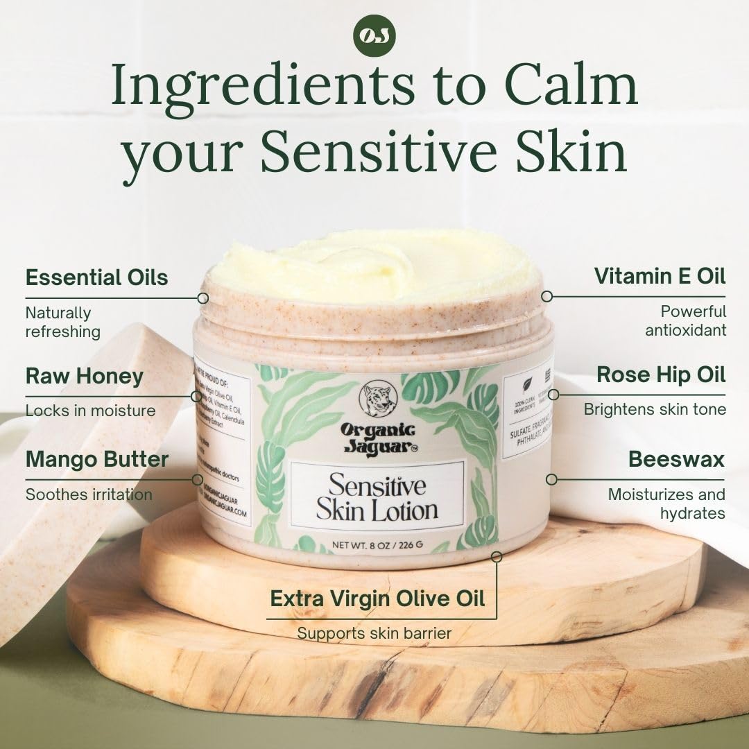 Natural Body Lotion for Sensitive Skin, Scent Free, Sulfate & Paraben Free Body Care, Moisturizer With Essential Oils, Vitamin E Oil, Beeswax, Extra Virgin Olive Oil, Raw Honey, 8 oz