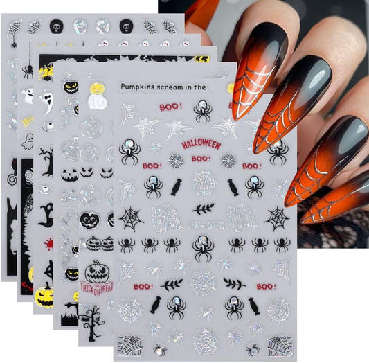 6Pcs Halloween Nail Stickers for Nail Art Cute Ghost Pumpkin Nail Art Stickers Spider Web Skeleton