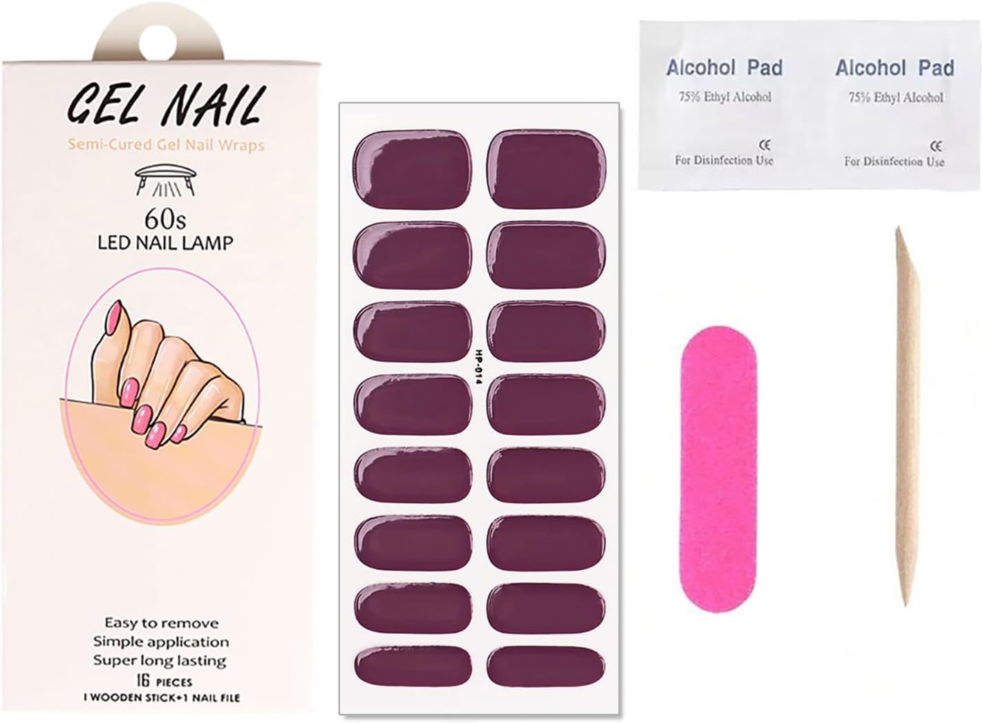 Semi Cured Gel Nail Strips Stickers Solid Color Gel Nail Polish Strips Self Adhesive Easy to Apply Purple Nail Stickers for Women DIY Waterproof Manicure Kit Party Nails Decoration Accessories