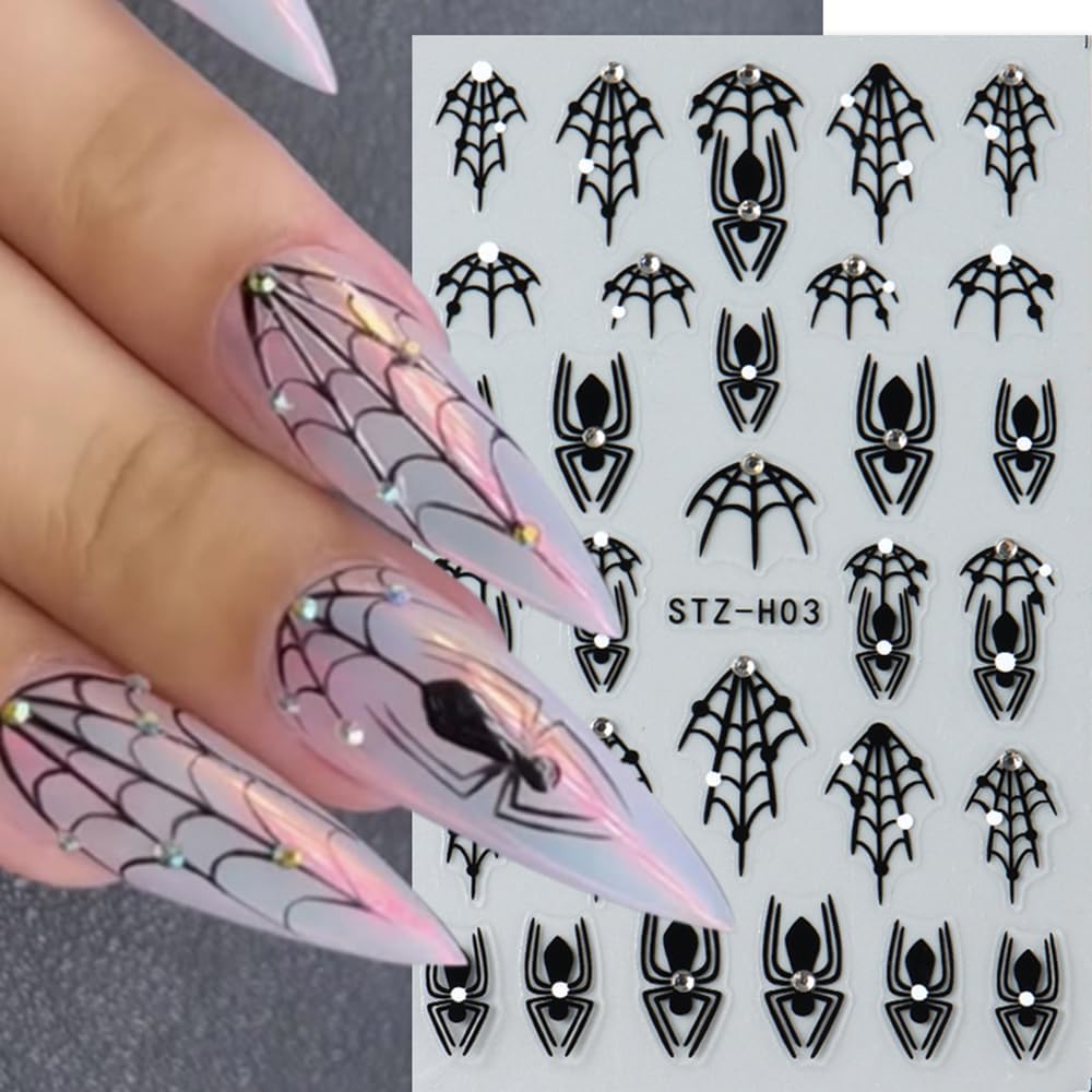 3 Sheets Halloween Nail Art Stickers Black Spider Nail Stickers for Nail Art 3D Self-Adhesive Black Spider Web with Diamond Design Halloween Nail Charms Goth Decorations for Women DIY