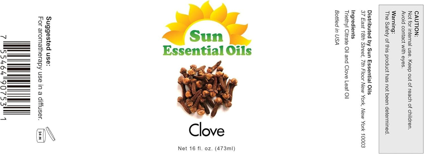 Sun Essential Oils – 16 oz Clove Essential Oil with Dropper for Diffuser, Skin, Aromatherapy Massage, Humidifier, Spicy Scent for Candle, Lotion & Soap Making, Room Fragrance